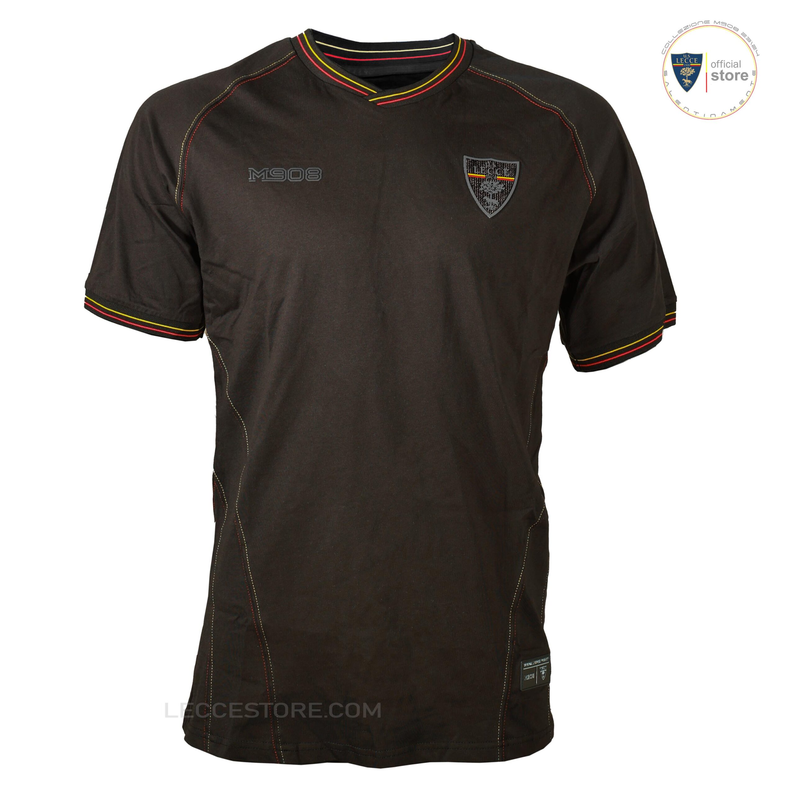 M908 – T-SHIRT COTONE INSERTI GIALLOROSSI U.S. LECCE NERA MANICA CORTA ADULTO E BAMBINO