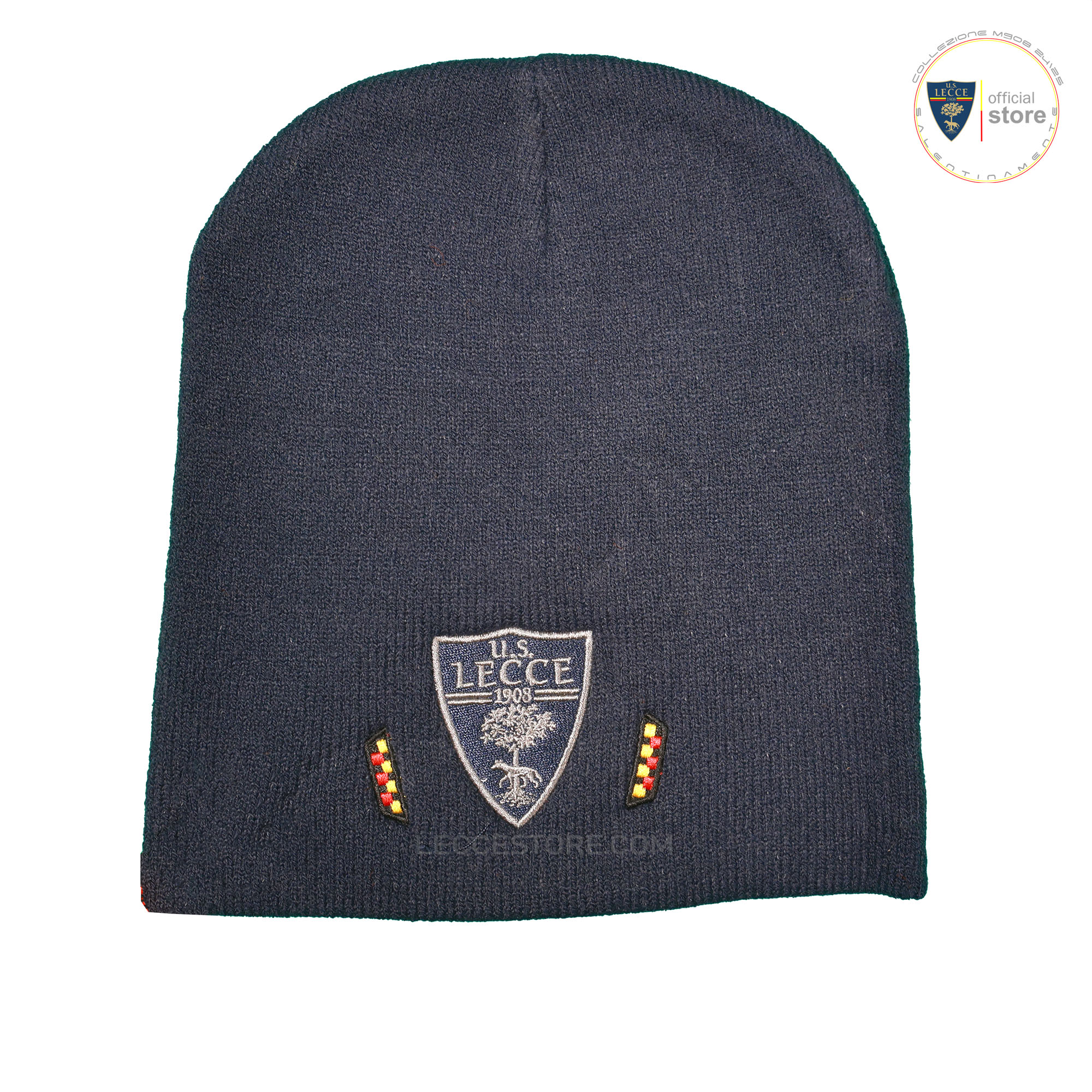 M908 – CAPPELLO LANA INVERNALE BLU INSERTI GIALLOROSSI ADULTO E BAMBINO