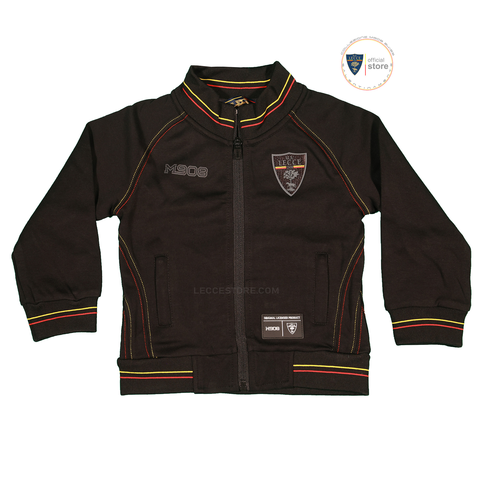 M908 – FELPA GIACCA TUTA COTONE ZIP NERA INSERTI GIALLOROSSI U.S. LECCE ADULTO E BAMBINO