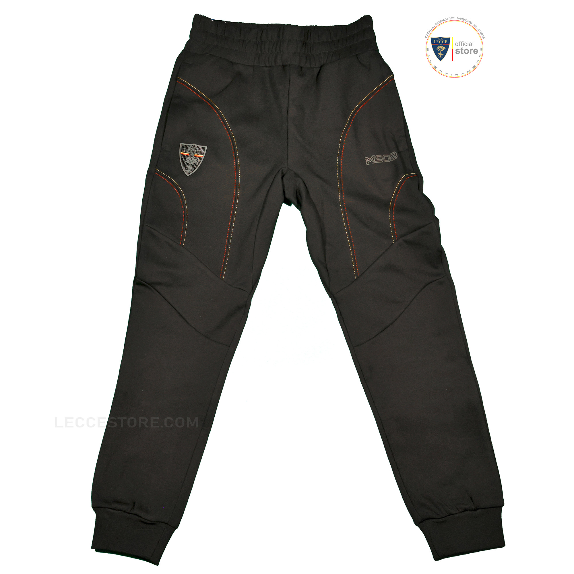 M908 – PANTALONE TUTA COTONE U.S. LECCE CALCIO NERO INSERTI GIALLOROSSI ADULTO E BAMBINO