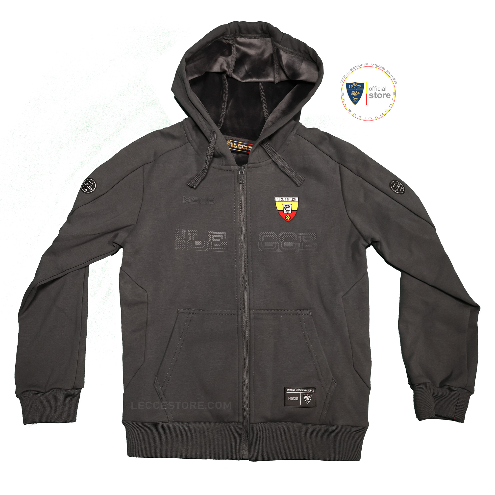 M908 – FELPA GIACCA TUTA ZIP CAPPUCCIO GRIGIO ANTRACITE VELLUTO INTERNO U.S. LECCE ADULTO E BAMBINO