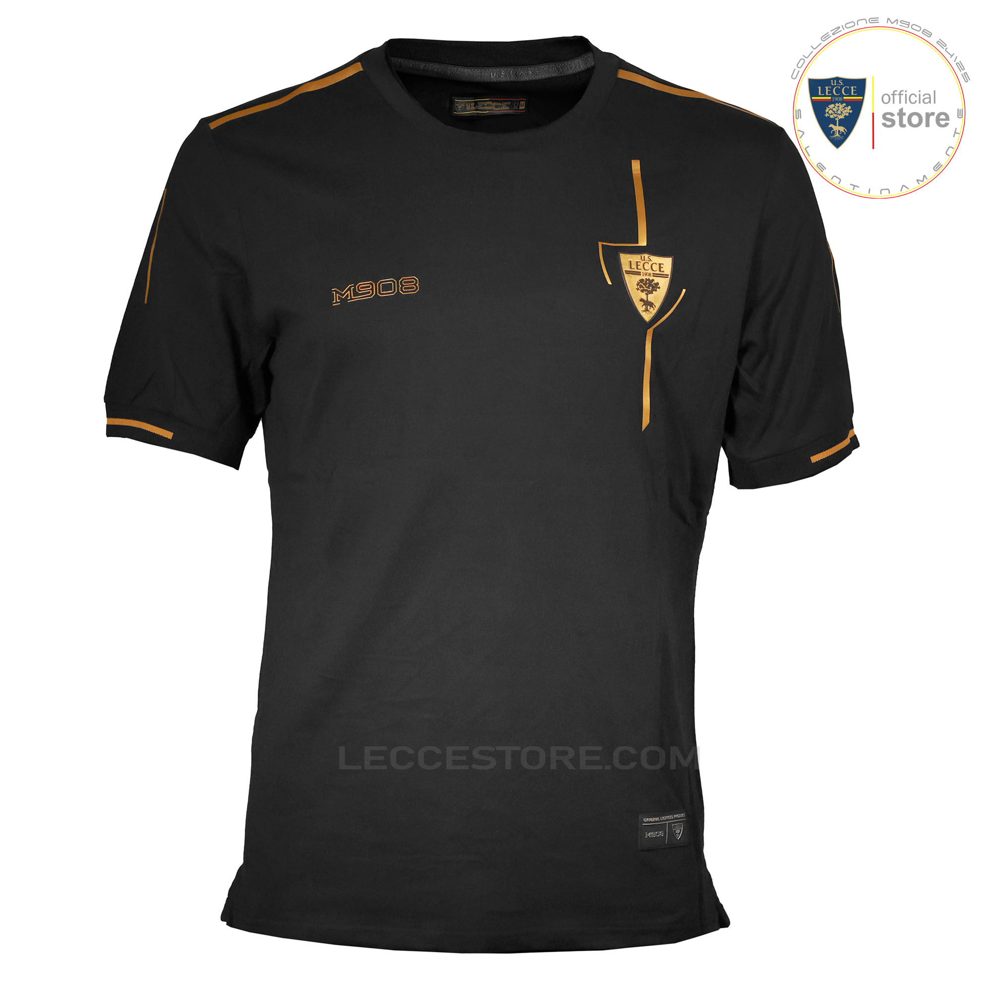 M908 – T-SHIRT U.S.LECCE COTONE NERA INSERTI SCUDETTO ORO – ADULTO E BAMBINO