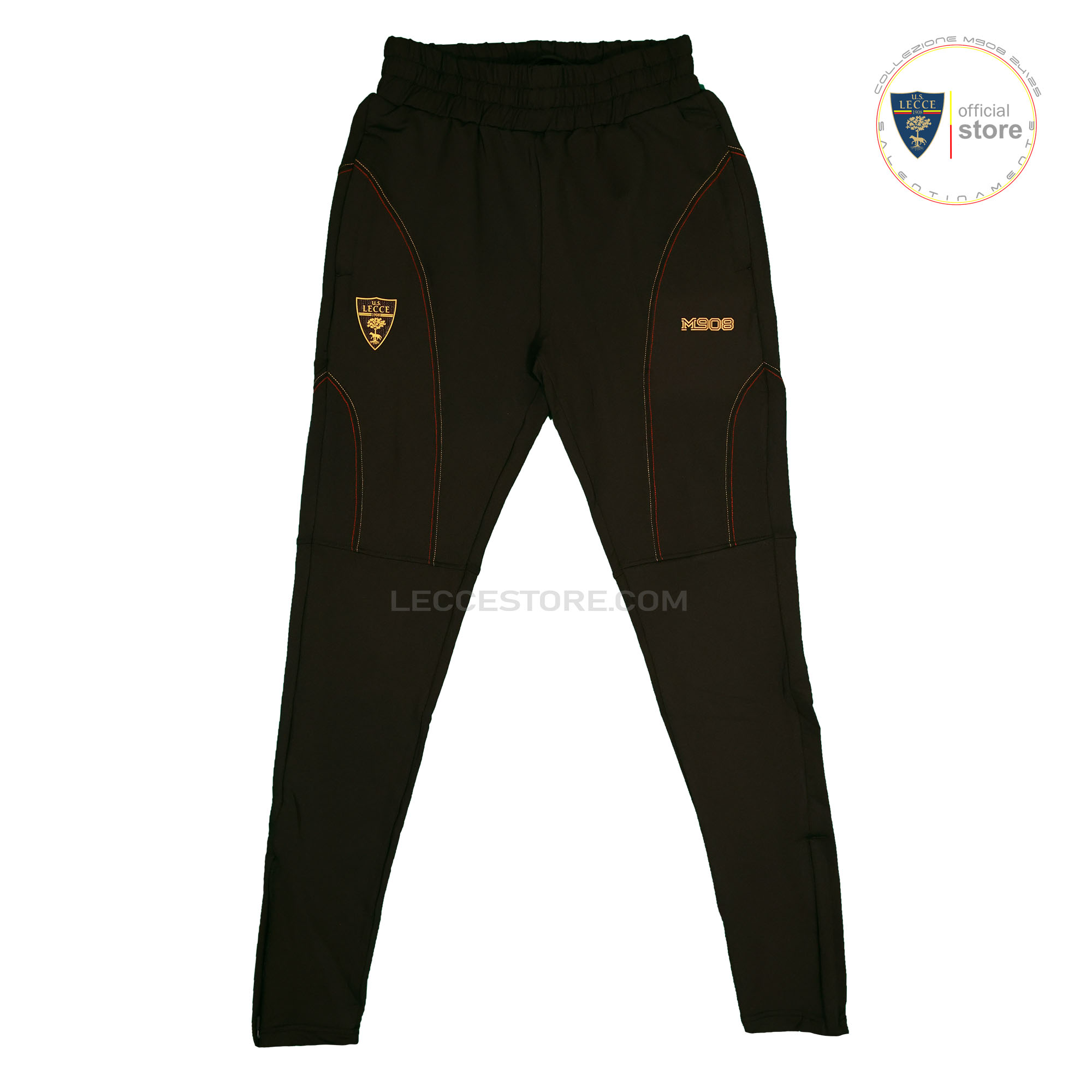 M908 – PANTALONE TUTA ACETATO ALLENAMENTO U.S. LECCE CALCIO NERO INSERTI GIALLOROSSI ADULTO